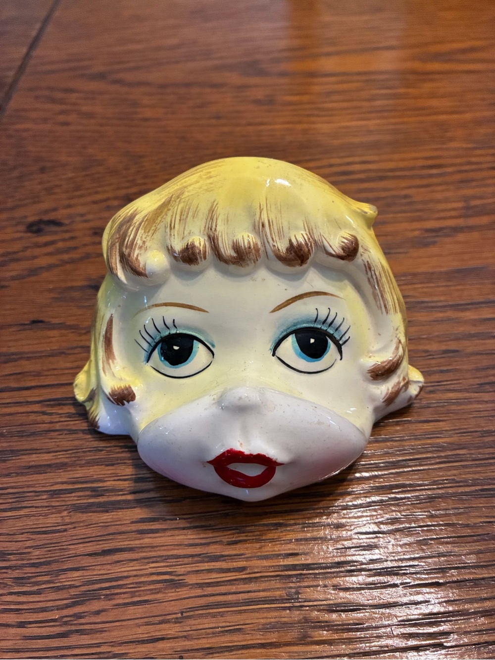 Decorative Ceramic Blonde Doll Face shelf Accent in Yellow vintage mid century